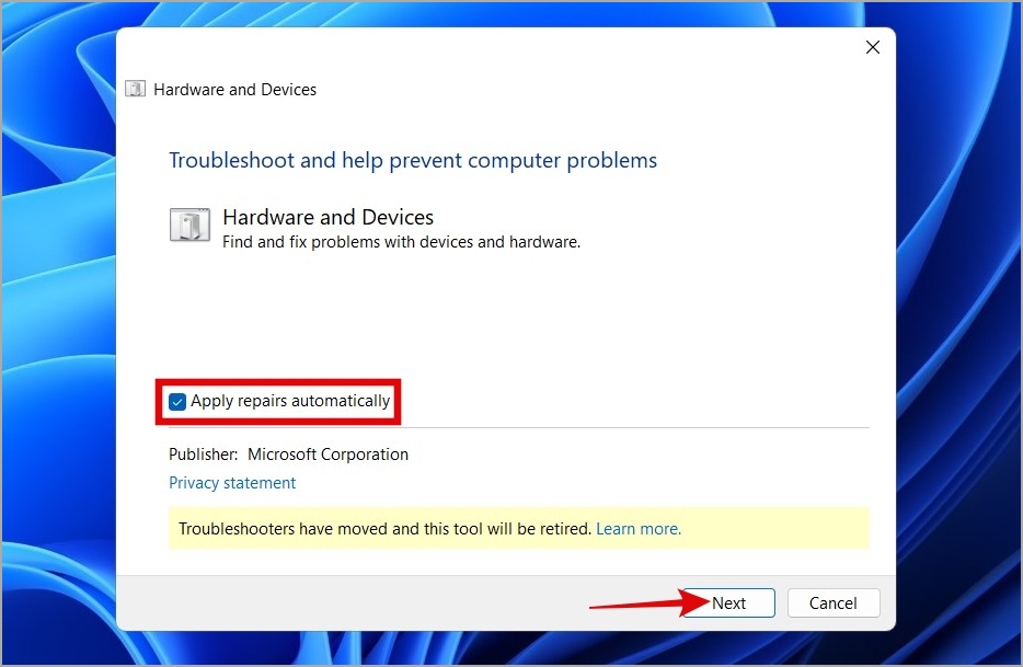 Run Hardware and Devices Troubleshooter on Windows